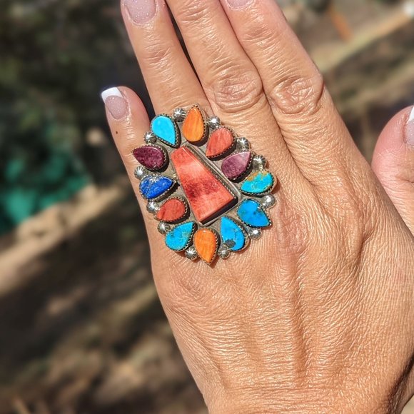 Navajo Sterling Silver Ring w Turquoise Spiny Oyster Cluster stones sz 6.5 - Picture 7 of 10